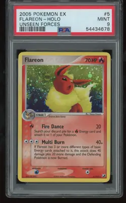 DOUBLE SWIRL PSA 9 Flareon Holo 2005 Pokemon EX Unseen Forces 5/115 - Image 1