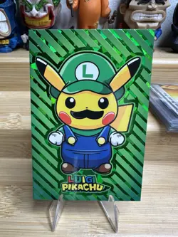 Luigi Pikachu Green Holo Foil Pokemon 2024 Card Database Merry Christmas - Image 1