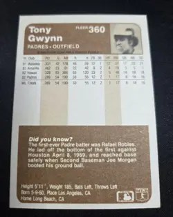 1983 Fleer Tony Gwynn Rookie Card #360 (RC) San Diego Padres HOF Legend - Image 2