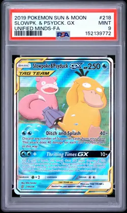 2019 Pokemon Sun & Moon Unified Minds Slowpoke & Psyduck GX #218 PSA 9 - Image 1