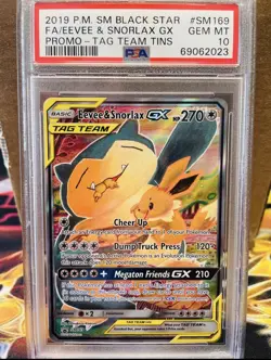 Pokemon Eevee & Snorlax GX Tag Team Tins Black Star Full Art Promo SM169 PSA 10 - Image 1