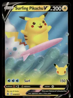 SURFING PIKACHU V 008/025 HOLO V RARE CELEBRATIONS POKEMON HOLO LIGHTLY PLAYED - Image 1