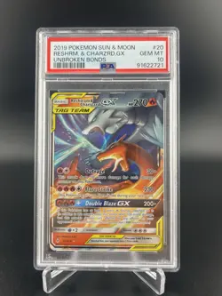 2019 Pokemon Sun & Moon Reshiram & Charizard GX 20/214 PSA 10 Unbroken Bonds - Image 1