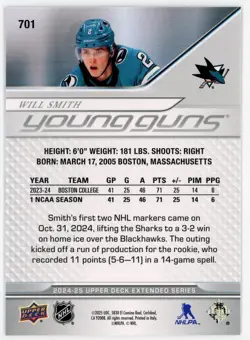 Will Smith 2024-25 UD Upper Deck Young Guns #701 Rookie RC San Jose Sharks GA - Image 2