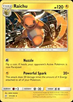 Pokemon Raichu SM - Cosmic Eclipse 67/236 Light Play LP+ or Better - Image 1