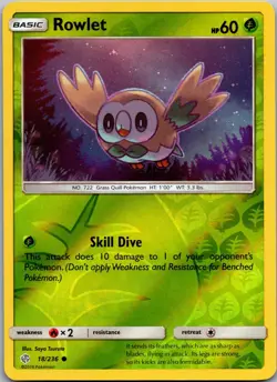 Rowlet 18/236 Common Cosmic Eclipse Pokemon Reverse Holo Near Mint - Image 1
