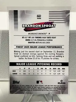 2026 Topps Finest Brandon Sproat Aqua /199 RARE Milwaukee Brewers Rookie RC #292 - Image 2