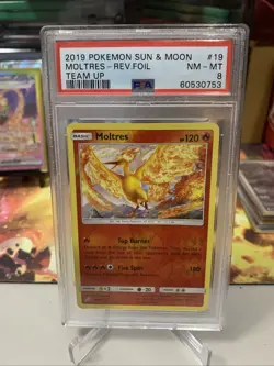 2019 Pokemon Sun & Moon Moltres Holo Team Up - Cosmos Exclusive PSA 8 - Image 1
