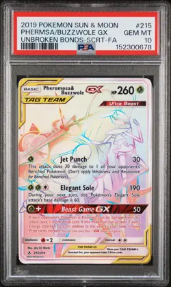 Pokemon Unbroken Bonds Secret Rainbow Pheromosa & Buzzwole GX PSA 10 #215/214 - Image 1