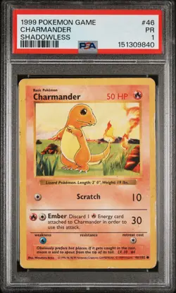 1999 POKEMON BASE SET SHADOWLESS #46 CHARMANDER PSA 1 - Image 1