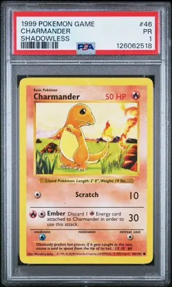 PSA 1 Shadowless Charmander #46/102 Base Set Pokemon 1999 WoTC PR - Image 1