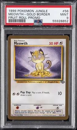 1999 POKEMON JUNGLE PROMO FRUIT ROLL PROMO #56 MEOWTH-GOLD BORDER PSA 9 - Image 1