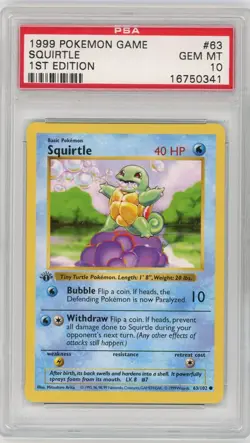 PSA 10 Pokemon TCG 1999 Base Set 1st Edition Shadowless - Squirtle 63/102 - Image 1