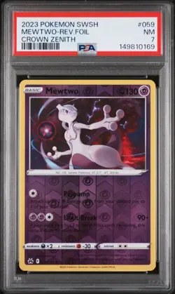2023 POKEMON SWORD & SHIELD CROWN ZENITH #059 MEWTWO-REVERSE FOIL PSA 7 - Image 1