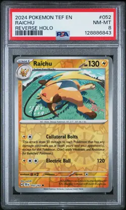 POKEMON TEF EN #052 RAICHU REVERSE HOLO PSA 8 2024 TEMPORAL FORCES LOW POP - Image 1