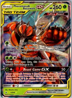 Pheromosa & Buzzwole GX 1/214 Holo GX Rare Unbroken Bonds Pokemon Near Mint - Image 1