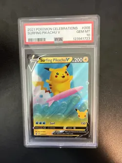 Pokemon TCG Surfing Pikachu v Ultra Rare Celebrations Card 008/025 PSA 10 - Image 1