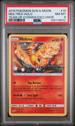 2019 POKEMON SUN & MOON TEAM UP COSMOS EXCLUSIVE #19 MOLTRES-HOLO PSA 8 - Image 1
