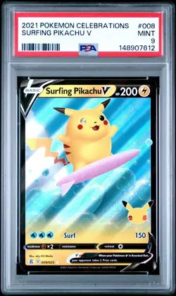 Pokemon TCG Surfing Pikachu V Celebrations Ultra Rare Holo 008/025 PSA 9 - Image 1