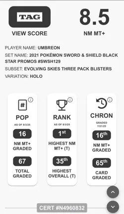 TAG 8.5 | Umbreon SWSH129 SWSH: Sword & Shield Promo Cards Holo - Image 3