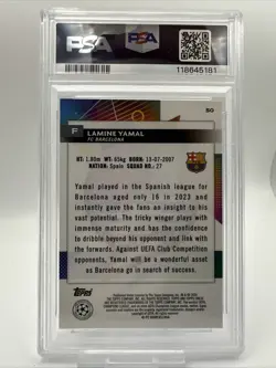 2023-24 Topps UCC Barcelona RC Lamine Yamal Rookie Year Purple Refractor PSA 9 - Image 4