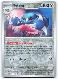 Metang 114/162 TEF NM Temporal Forces Reverse Holo Pokemon Nobuhiro Imagawa - Image 1