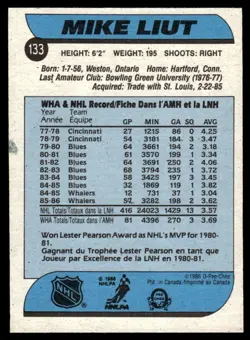 1986-87 O-Pee-Chee Mike Liut Hartford Whalers #133 - Image 2