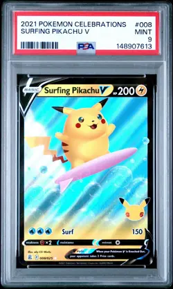 Pokemon TCG Surfing Pikachu V Celebrations Ultra Rare Holo 008/025 PSA 9 - Image 1