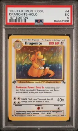 1999 POKEMON FOSSIL #4 DRAGONITE-HOLO 1ST EDITION PSA 5 - Image 1