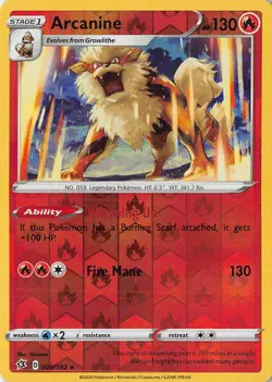 Arcanine 028/192 Rebel Clash Pokemon Reverse Holo NM - Image 1