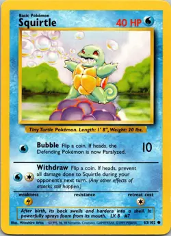 Squirtle 63/102 Common Base Set Unlimited Pokemon Lightly Played - Image 1