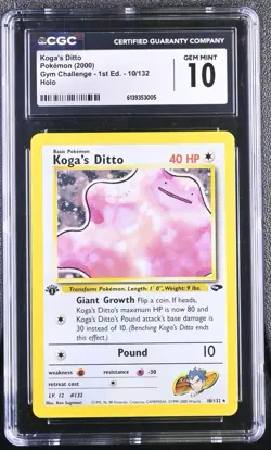 2000 Pokemon Gym Challenge Koga's Ditto 10/132 Holo 1st Edition CGC 10 Gem Mint - Image 1