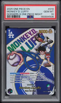 2025 ONE PIECE PROMOS DODGERS X ONE PIECE NIGHT #010 MONKEY D. LUFFY PSA 10 - Image 1