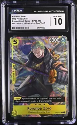 ONE PIECE PROMOS OP07-113 RORONOA ZORO ILLUSTRATION BOX VOL.3 CGC 10 GEM MINT - Image 1