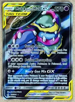 POKEMON UNBROKEN BONDS MUK & ALOLAN MUK GX FULL ART ULTRA RARE HOLO 197/214 NM/M - Image 1