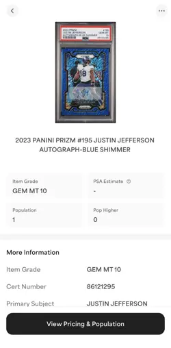 2023 Prizm Justin Jefferson Auto Blue Shimmer /25 PSA 10 Pop 1 (ONE) - Image 5