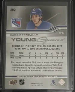 2025 UPPER DECK SERIES 1 #202 GABE PERREAULT YOUNG GUNS RC ROOKIE Rangers - Image 2