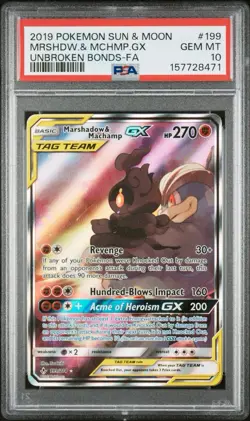 2019 Pokemon Unbroken Bonds Marshadow & Machamp GX TAG TEAM 199/214 PSA 10 - Image 1