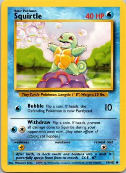 Squirtle 63/102 Common Base Set Unlimited Pokemon Moderately Played - Image 1