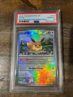POKEMON 2025 Prismatic Evolutions Master Ball Holo EEVEE #074 PSA 10 Gem Mint - Image 1
