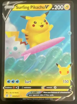 Surfing Pikachu V 008/025 Celebrations Ultra Rare Holo Full Art English 2021 - Image 1