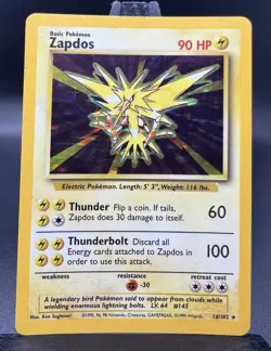 1999 Zapdos Unlimited Holo Rare 016/102 Base Set 90 HP Basic English - Image 1
