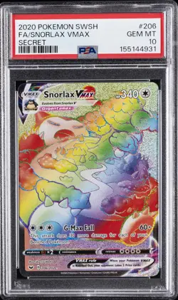 2020 POKEMON SWORD & SHIELD SECRET #206 FULL ART/SNORLAX VMAX PSA 10 - Image 1