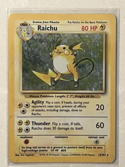 Raichu 14/102 Pokemon Base Set Unlimited Holo Rare English 1999 WOTC MP - Image 1