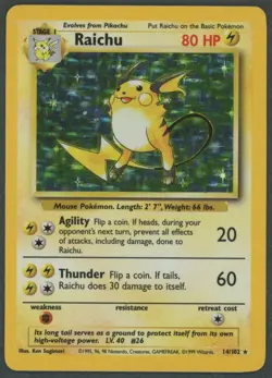 1999 Pokemon TCG Base Set Unlimited Raichu 14/102 Holo Rare WoTC LP+/NM- - Image 1