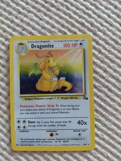 Pokemon TCG Dragonite Fossil Holo Unlimited Rare Card 4/62 Vintage MP - Image 1