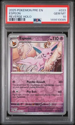 2025 POKEMON PRE EN-PRISMATIC EVOLUTIONS REVERSE HOLO #033 ESPEON PSA 10 - Image 1
