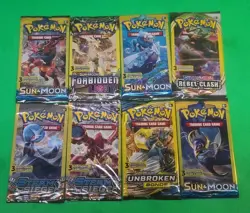 Pokemon Sun & Moon And XY Series Booster Packs 3 Cards Lot Of 8 Factory Sealed - Image 1