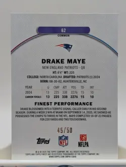 Drake Maye 2025 Topps Finest #62 True Gold Refractor /50 With Coating Patriots - Image 3