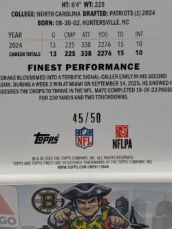 Drake Maye 2025 Topps Finest #62 True Gold Refractor /50 With Coating Patriots - Image 4